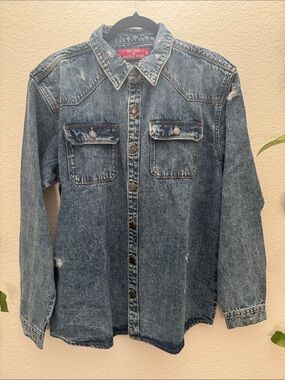 Vintage Distressed Denim Button Up Shirt Jacket Oversized Jean Shacket Size M